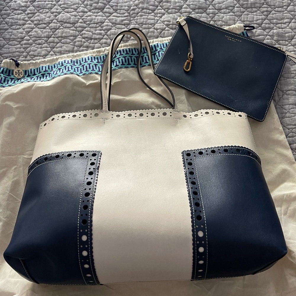 Tory Burch White and Navy Tote